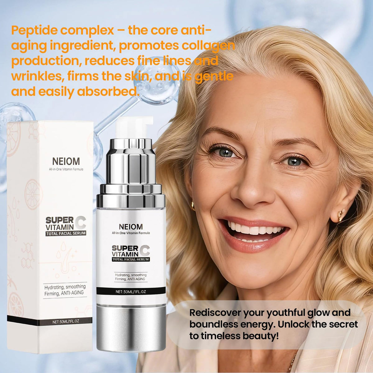 NEIOM dropper dispensing serum, demonstrates precise application benefit