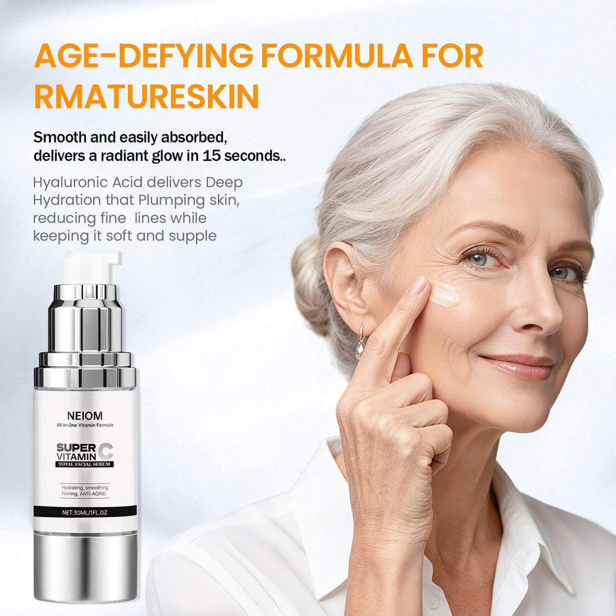 NEIOM ingredients graphic with citrus and hyaluronic representation, emphasizes brightening