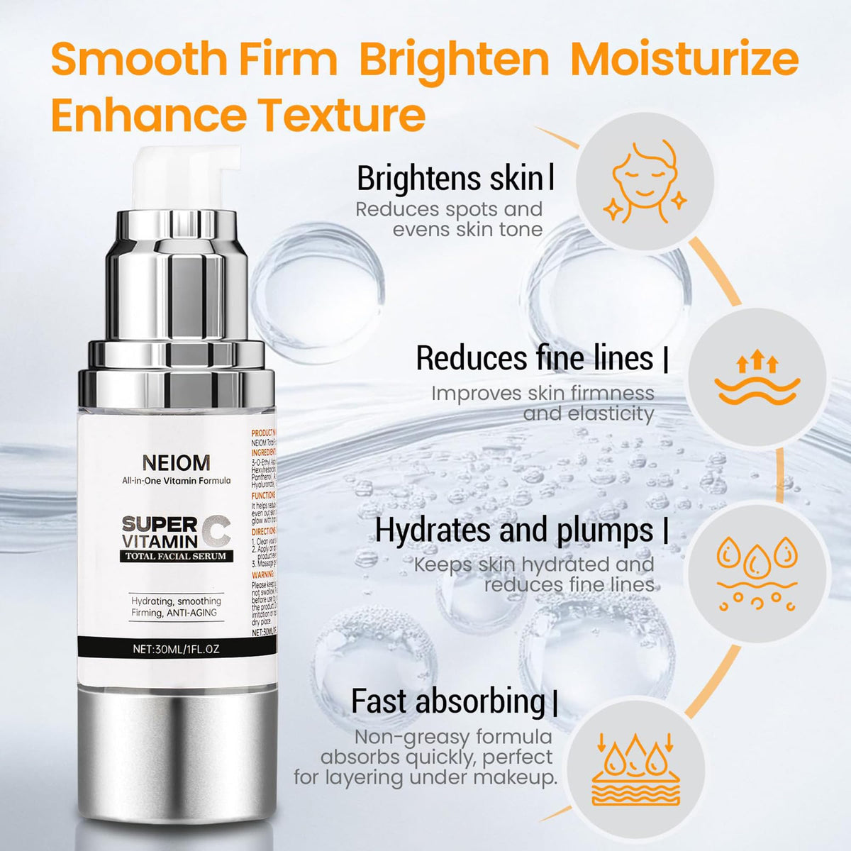 NEIOM serum texture puddle on surface, shows lightweight hydrating finish