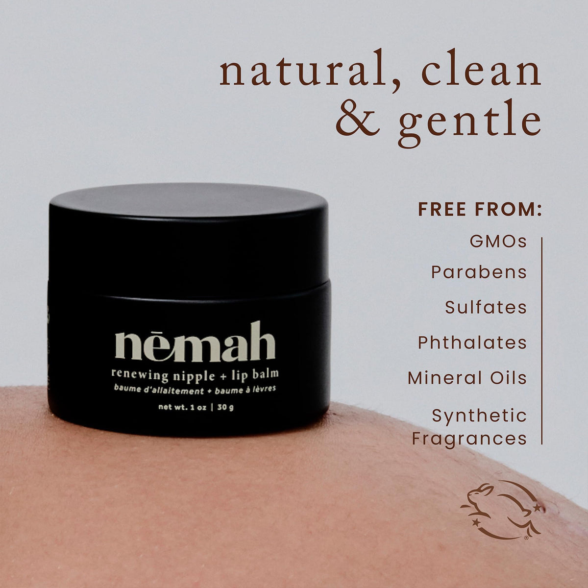 Nemah balm applied to lips demonstrating dual-use for nipple and lip hydration