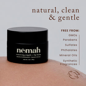 Nemah balm applied to lips demonstrating dual-use for nipple and lip hydration