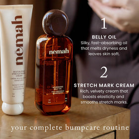 Nemah cream applied to belly highlighting gentle massage and comfort