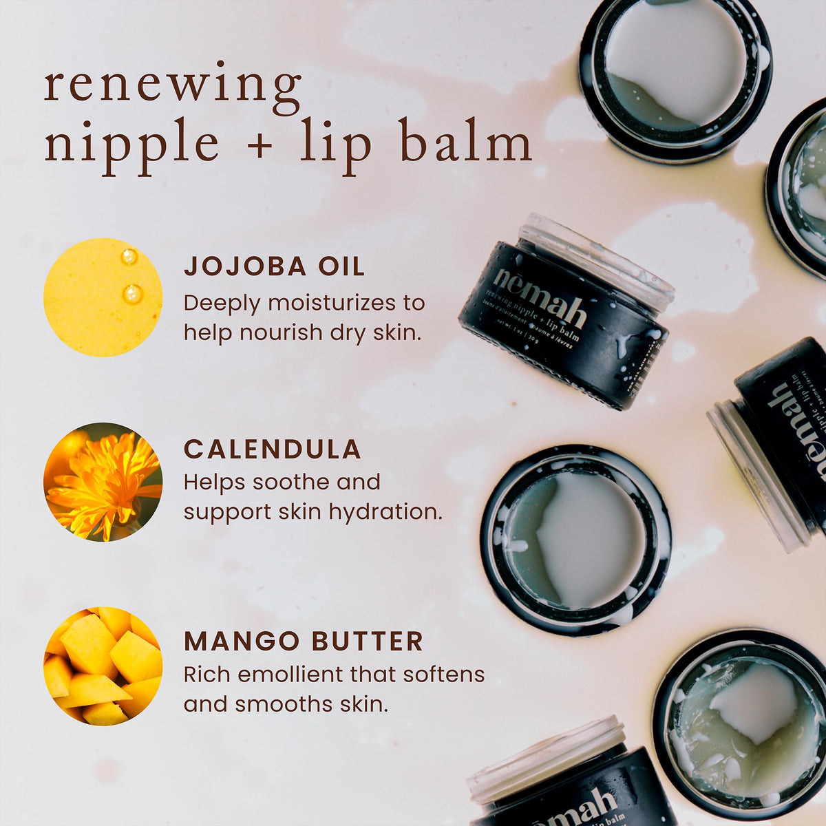 Nemah ingredients display with calendula and jojoba highlighting gentle botanicals