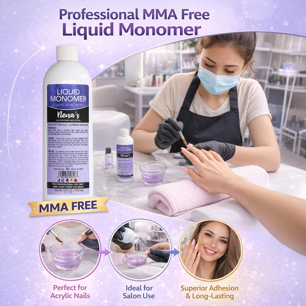 Nena's monomer label detail highlighting GlamourShield formula and ingredient clarity benefit