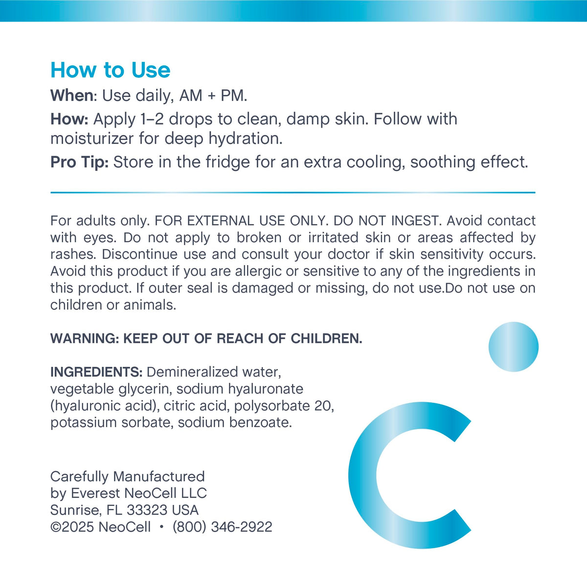 NeoCell bottle with visible droplets showing concentrated hyaluronic hydration benefit