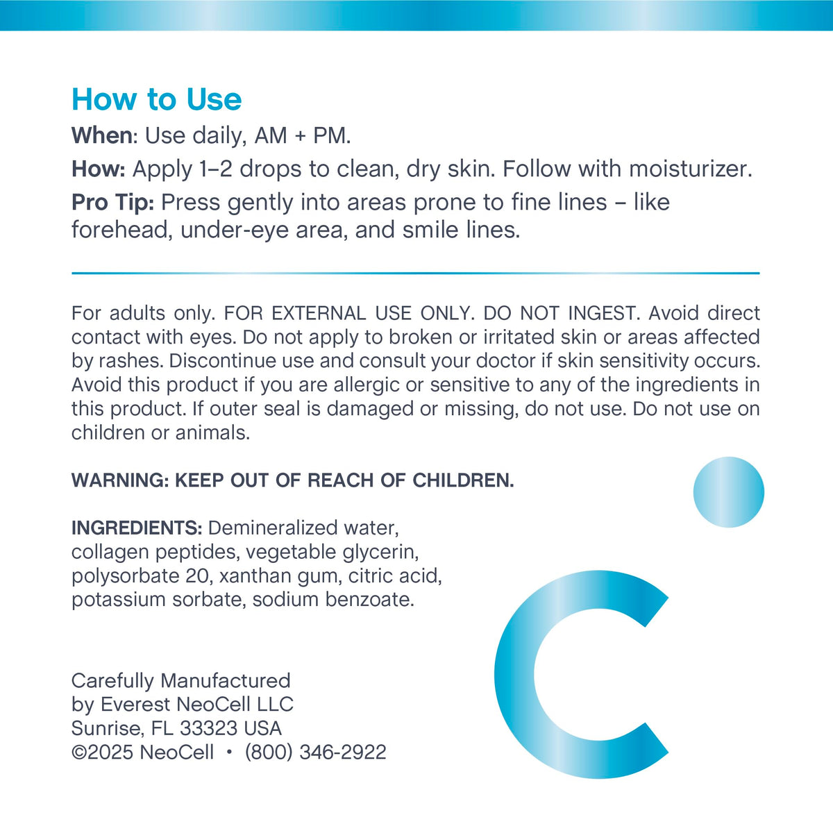 NeoCell ingredients label focused view listing peptide blend and clean formulation