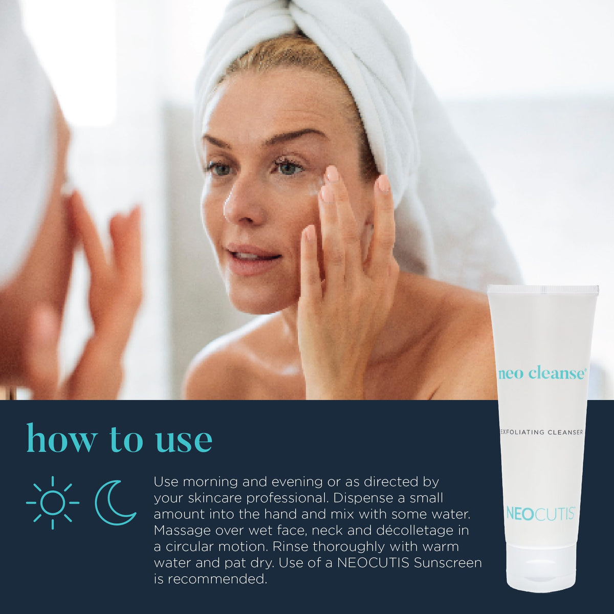 NEOCUTIS Neo Cleanse on bathroom shelf in lifestyle scene signaling part of skincare routine