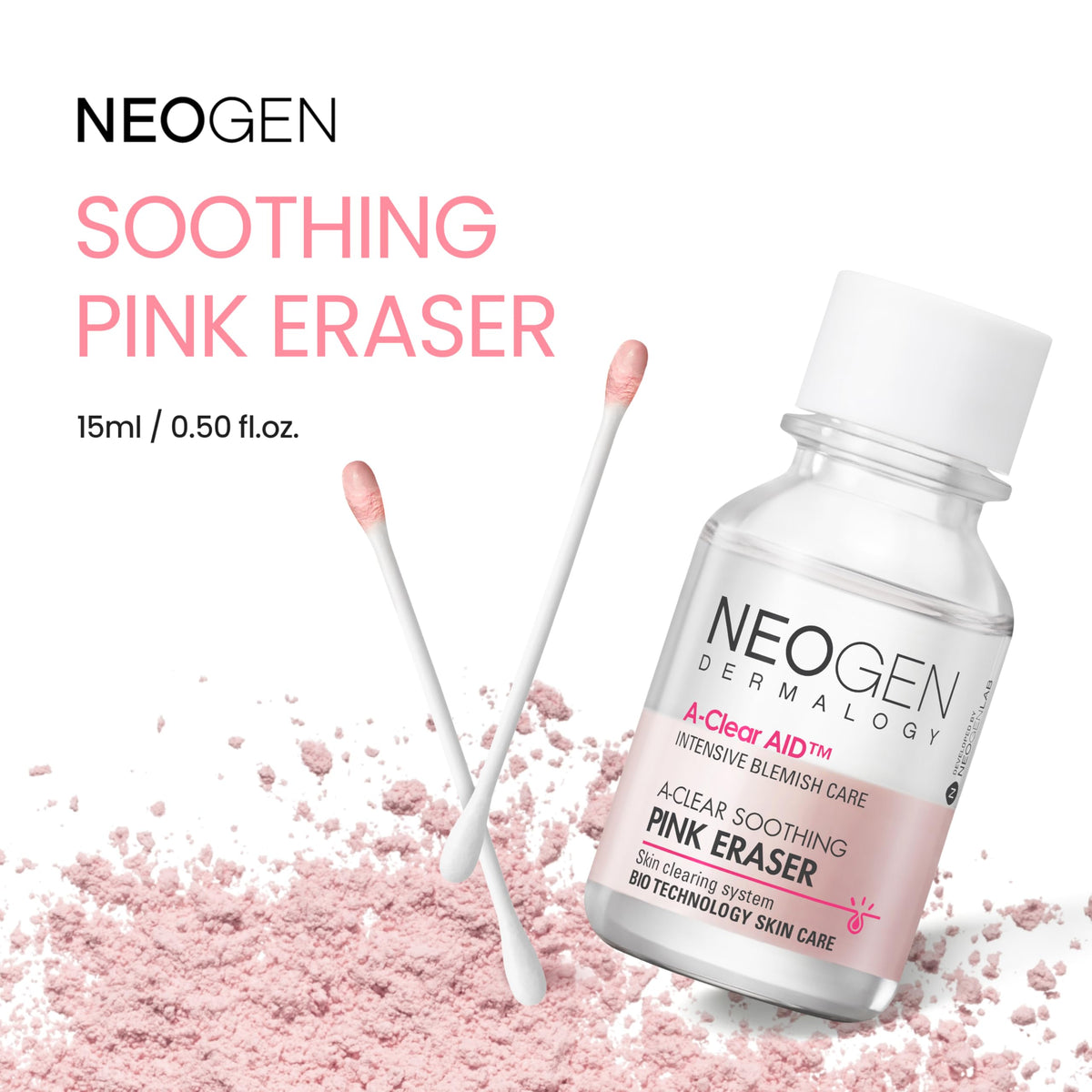 NEOGEN DERMALOGY open jar revealing distinct liquid and pink calamine powder layers for targeted action