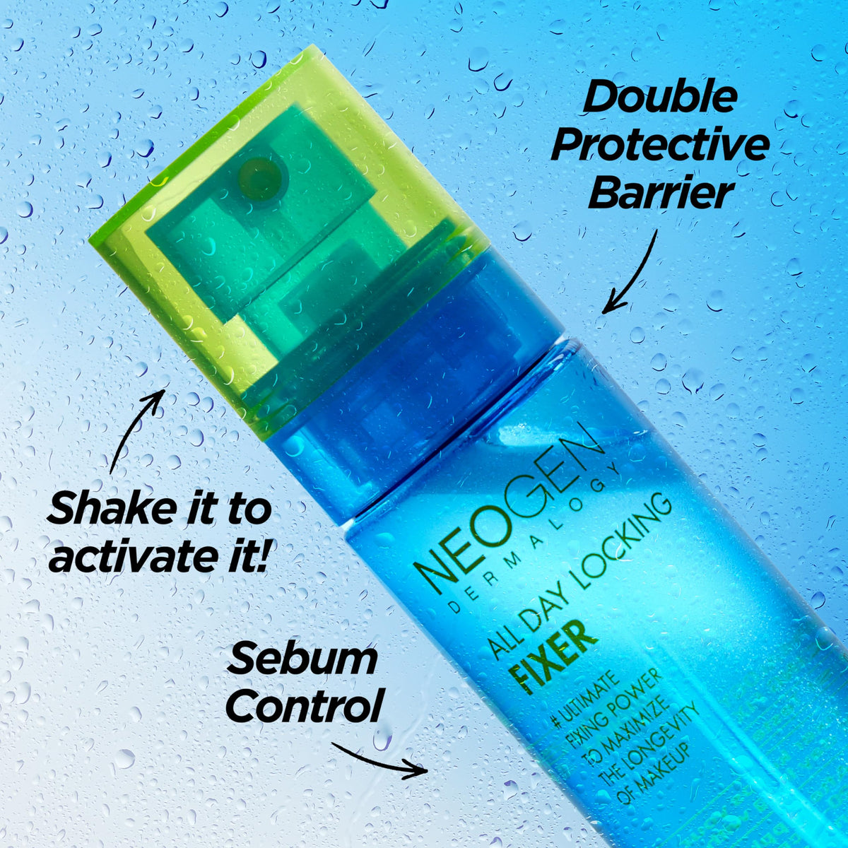 DERMALOGY by NEOGENLAB spray applied to model demonstrating makeup-hold benefit