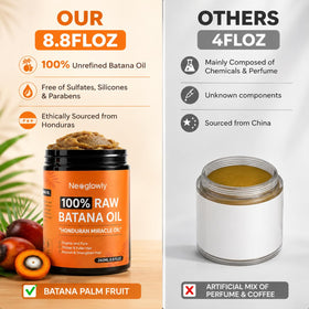 Neoglowly bottle label detail highlighting cold-pressed pure Batana origin