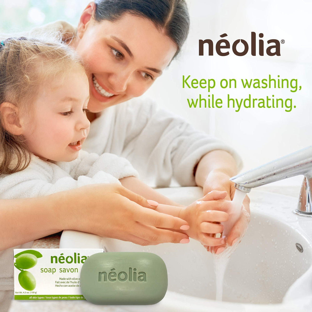 Néolia soap next to dish illustrating size and long-lasting benefit