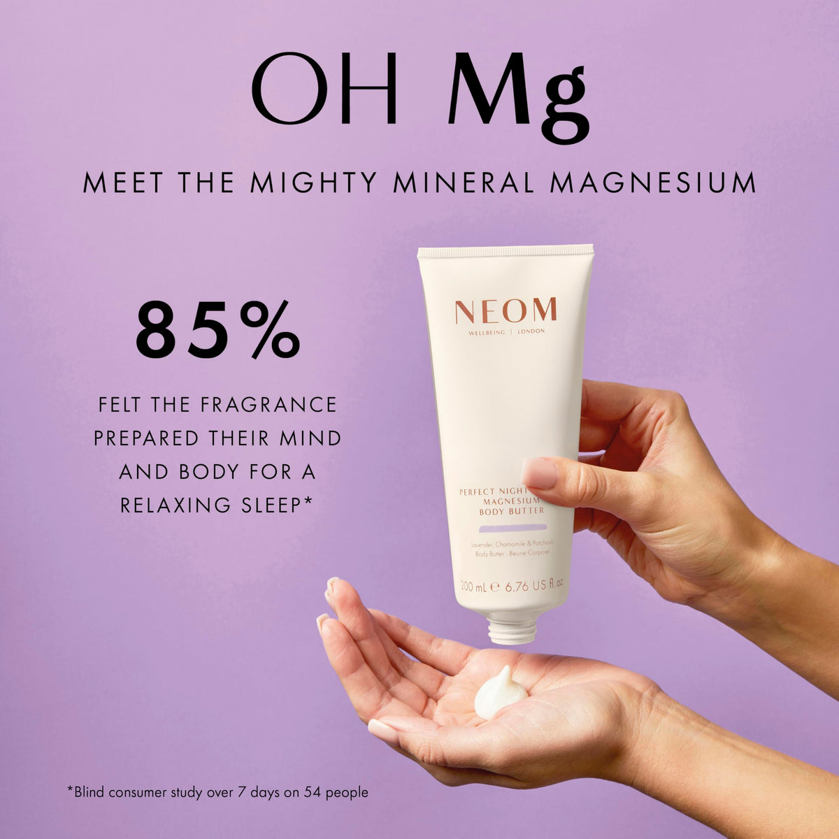 Applying Neom body butter on hands to moisturize skin and soothe before bed
