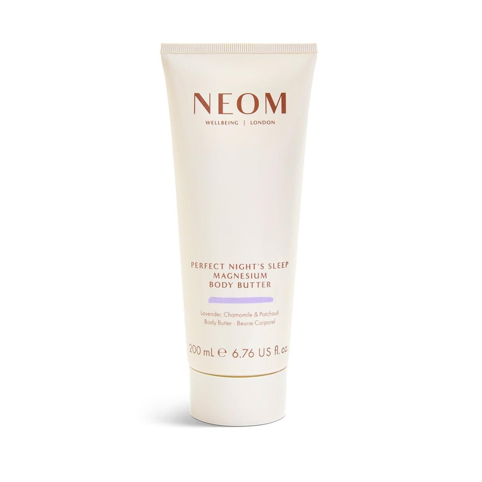 Neom magnesium body butter jar front view showing branding and calming sleep scent