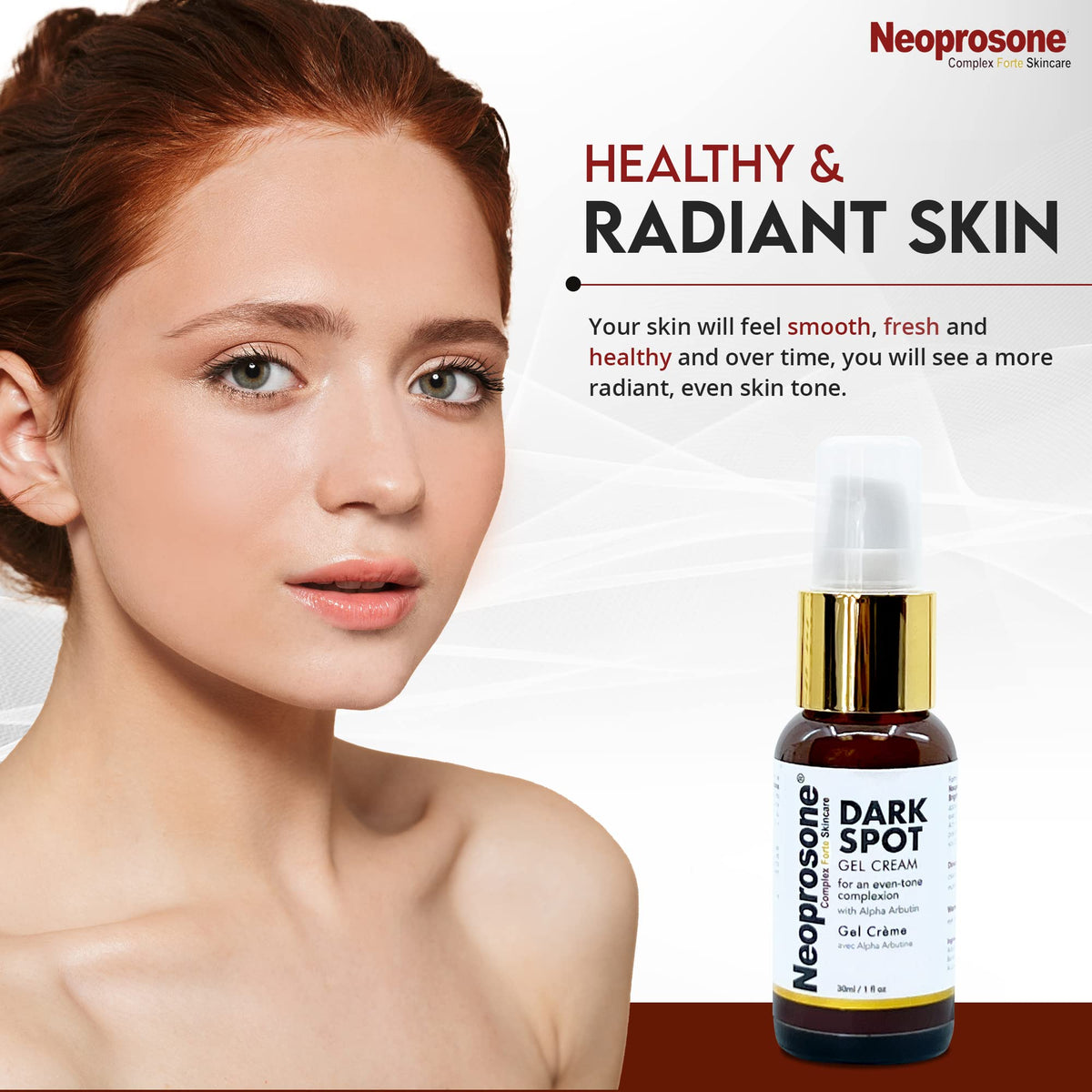 Neoprosone ingredient layout with alpha arbutin and vitamin C, emphasizes active brighteners