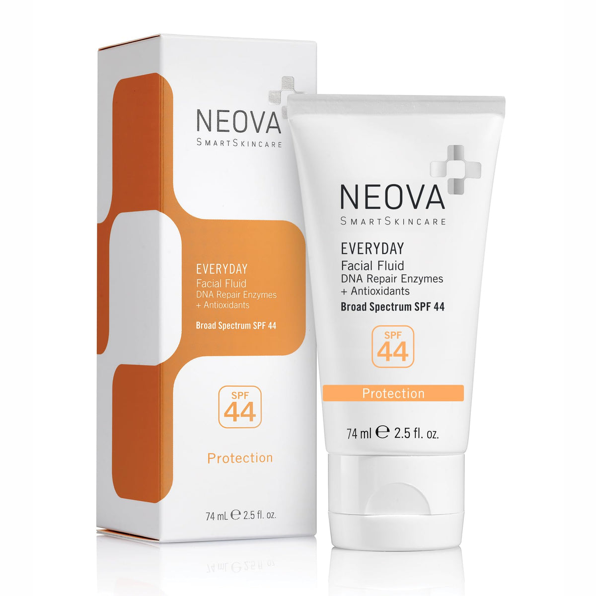 NEOVA bottle front packaging showing SPF 44 protection and lightweight design