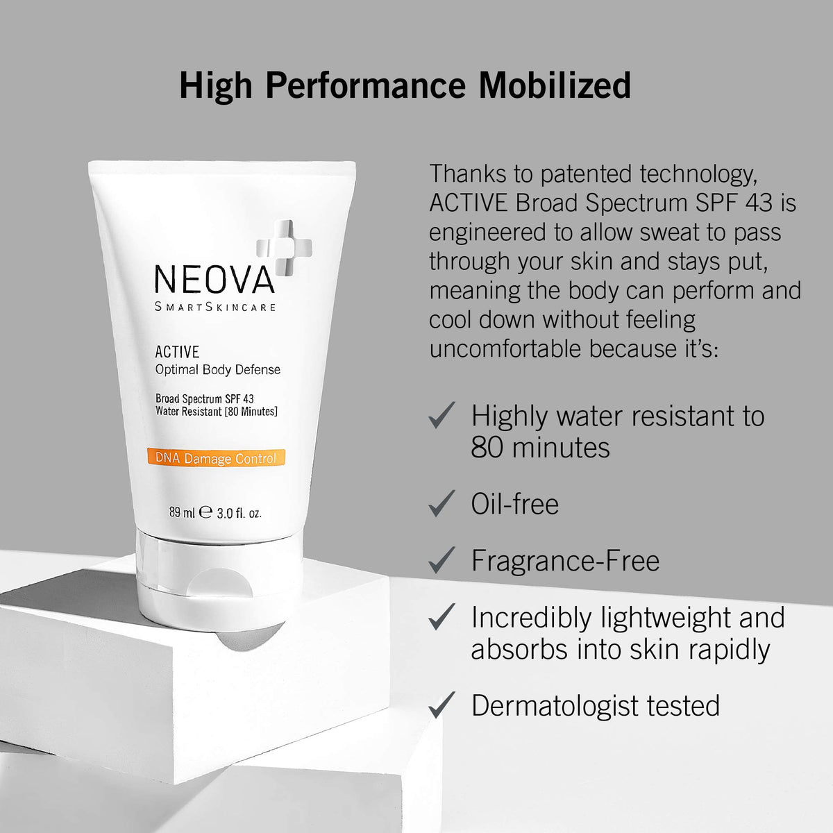 NEOVA sunscreen applied on arm demonstrating coverage and lightweight feel