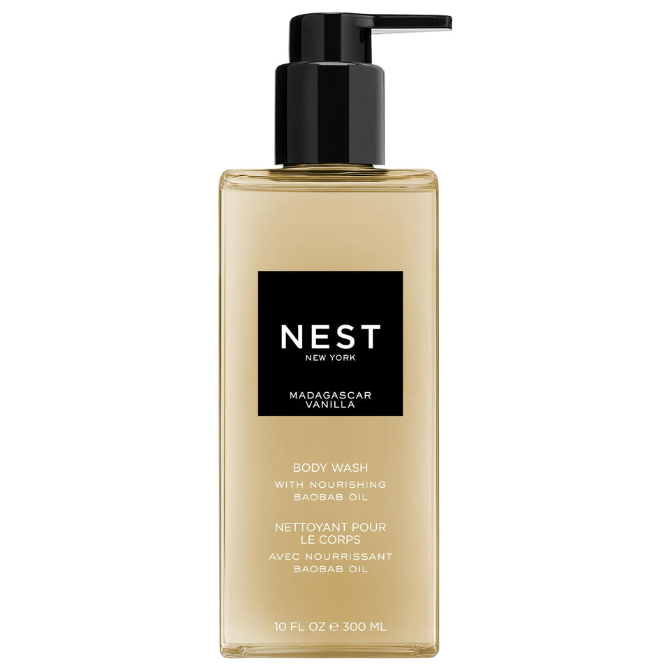 NEST New York bottle front view showing vanilla scent and hydrating benefit