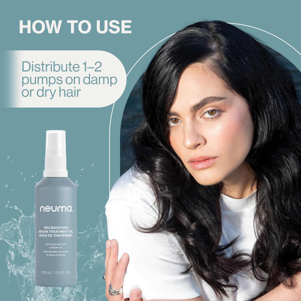 NEUMA bottle on bathroom shelf styled scene showing everyday routine and salon-finish benefit