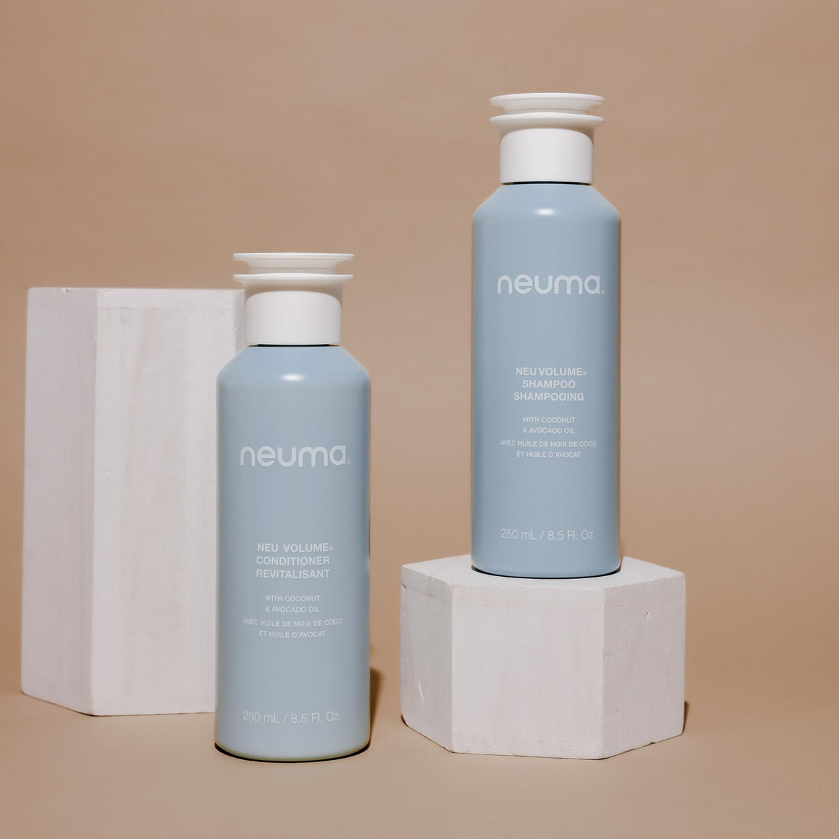 NEUMA shampoo staged in bathroom for daily routine and styling benefit