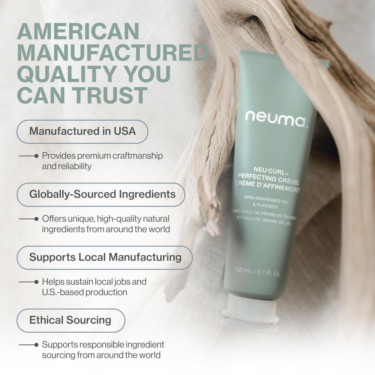 NEUMA bottle on bathroom shelf implying daily styling routine and sustainable packaging