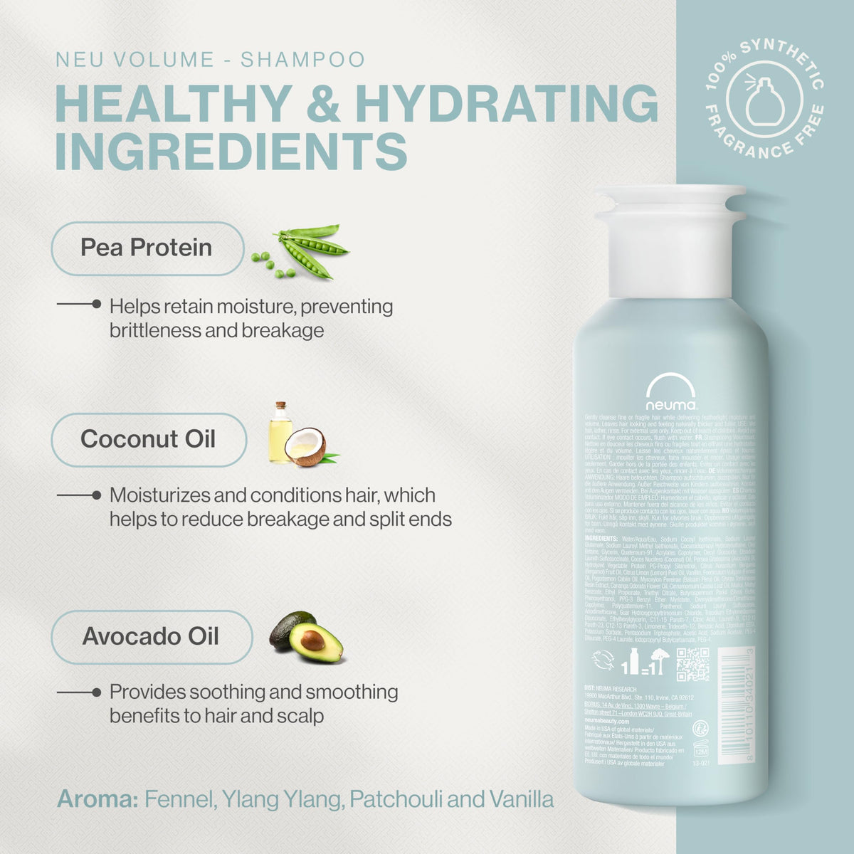 NEUMA label close-up highlighting ingredients and gentle formula benefit