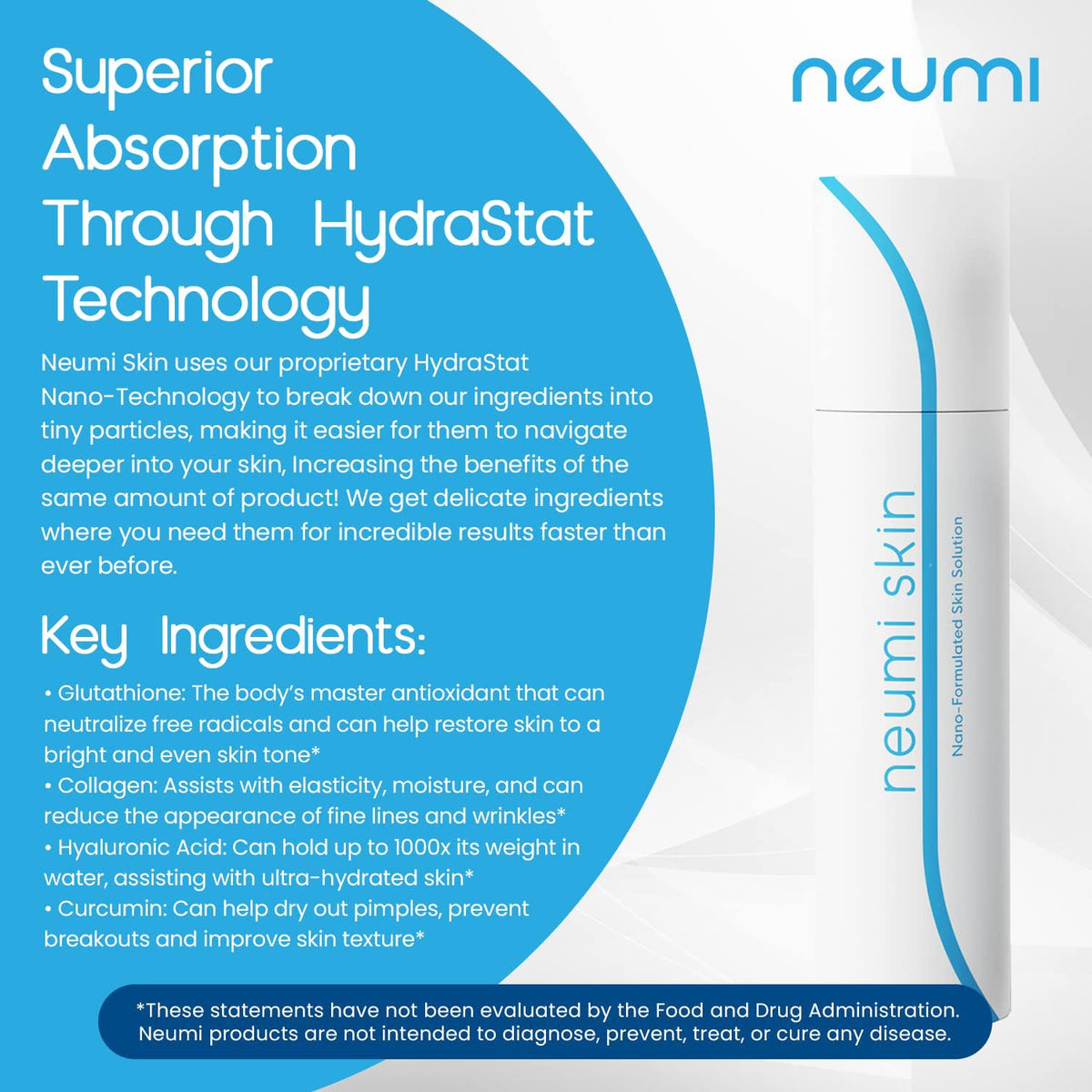 NEUMI SKIN ingredient label close-up highlighting glutathione, collagen and hyaluronic benefits