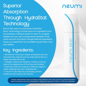 NEUMI SKIN ingredient label close-up highlighting glutathione, collagen and hyaluronic benefits