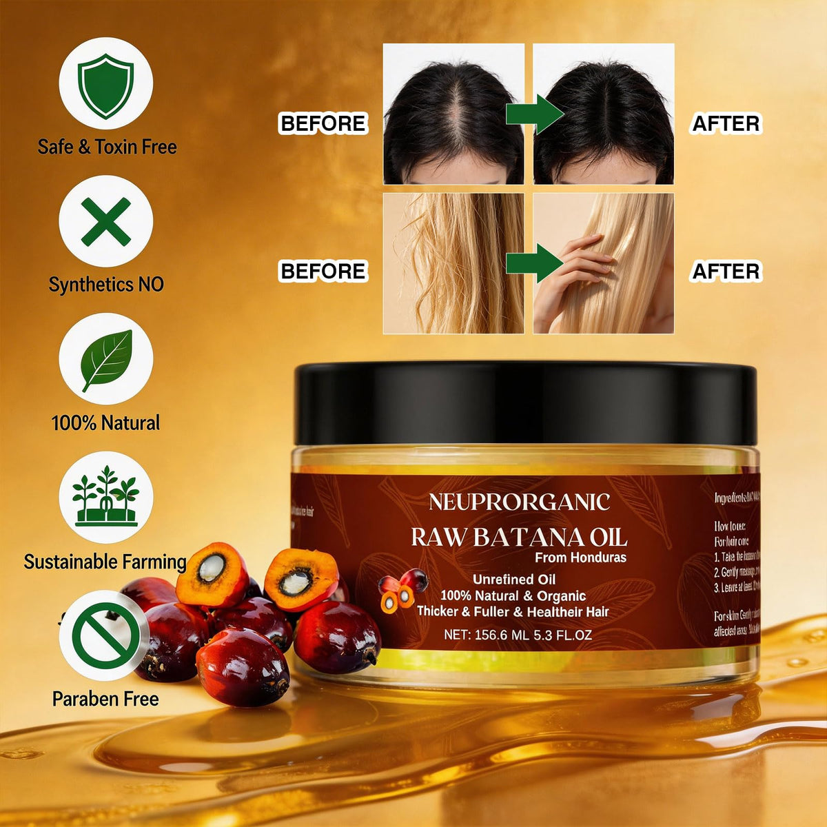 NEUPRORGANIC before-and-after hair results showing thicker shinier strands benefit