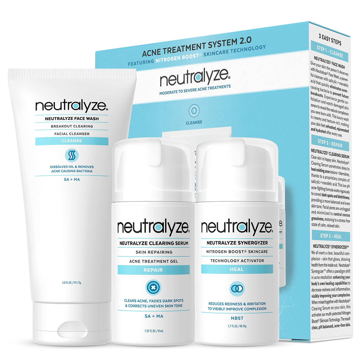 Neutralyze front packaging showing the 3-step kit and clear benefits