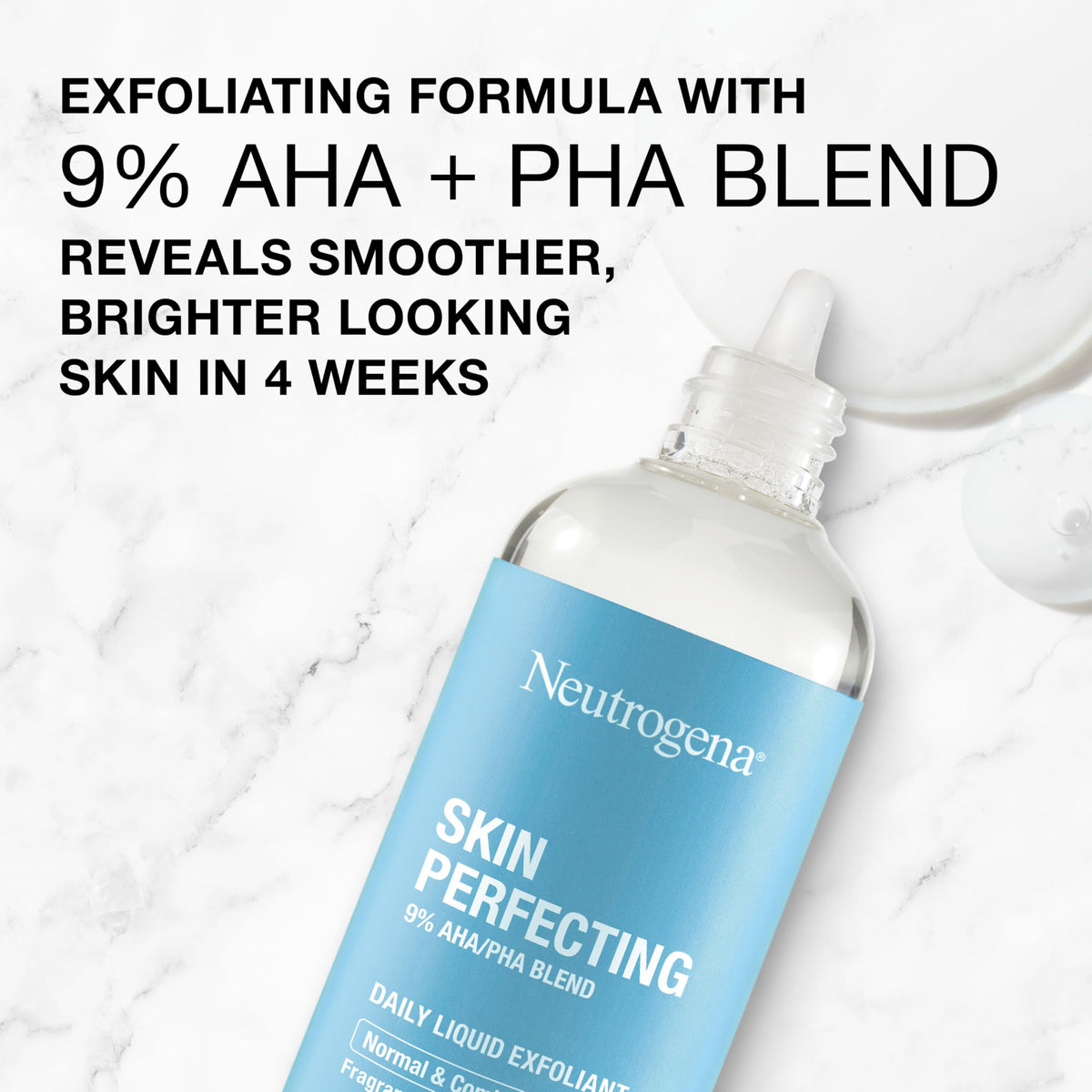 Neutrogena applying liquid to cheek demonstrating gentle daily exfoliation benefit
