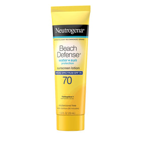 Neutrogena bottle near water illustrating water-resistant performance benefit