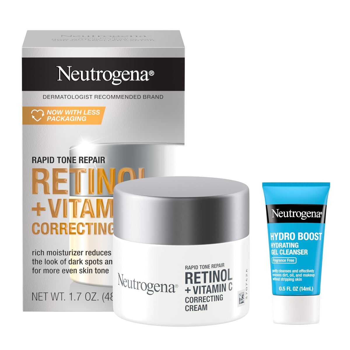 Neutrogena front jar and cleanser showing product set and convenient starter kit benefit