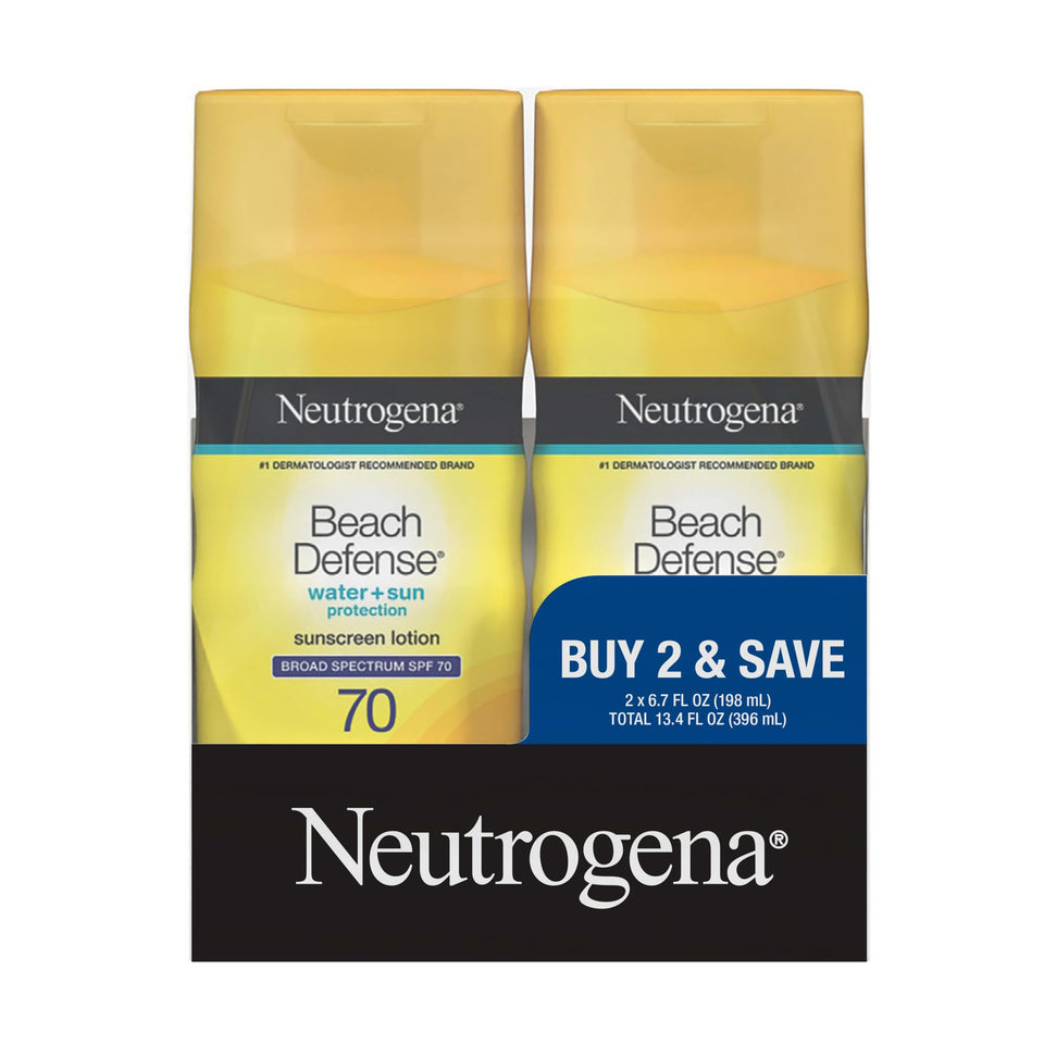Neutrogena front packaging showing SPF 70 protection and twin bottles benefit