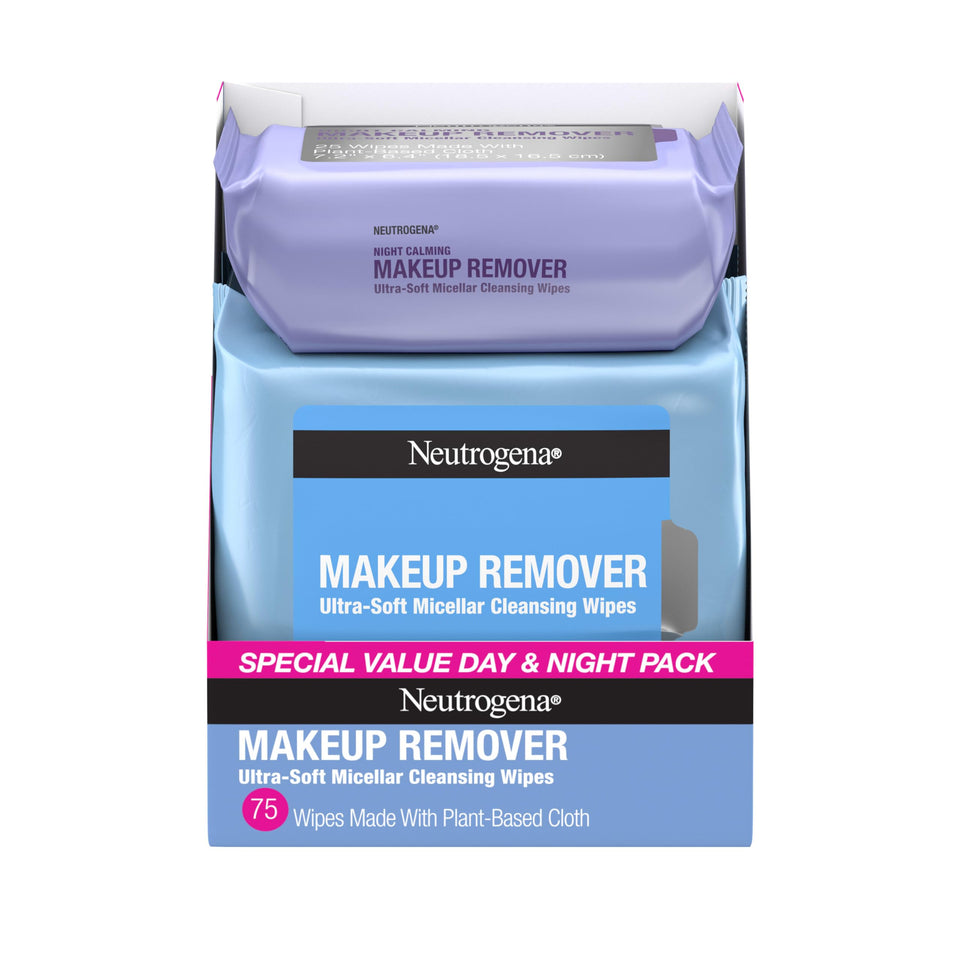 Neutrogena front packaging showing day and night wipes for convenient cleansing