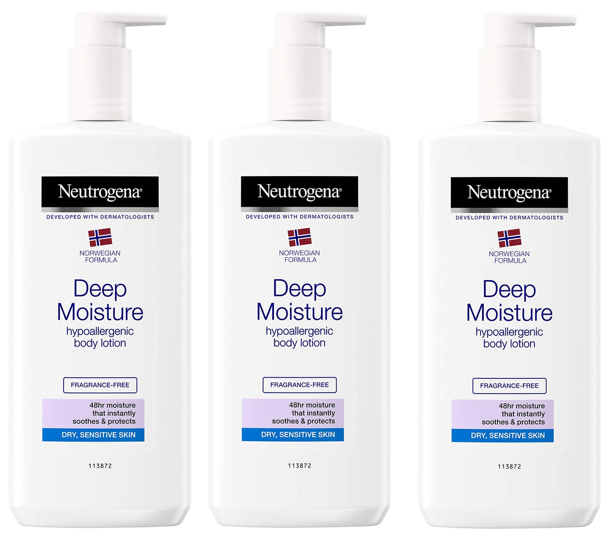 Neutrogena front packaging showing three bottles and hydration benefit