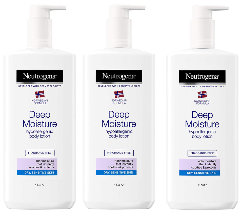 Neutrogena front packaging showing three bottles and hydration benefit