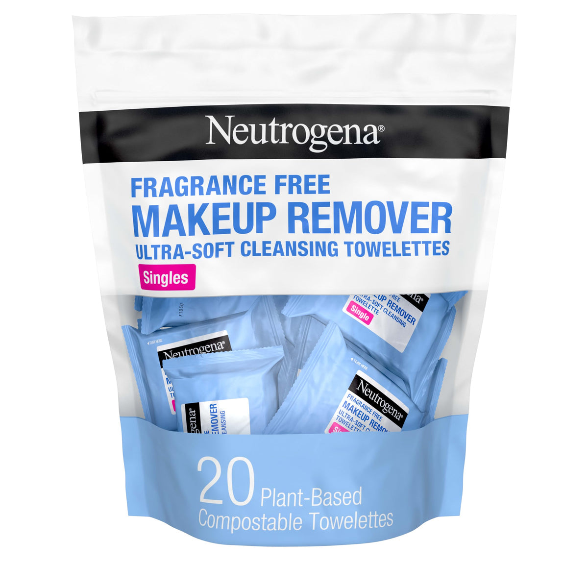 Neutrogena front packaging showing single wrapped towelette and portability benefit