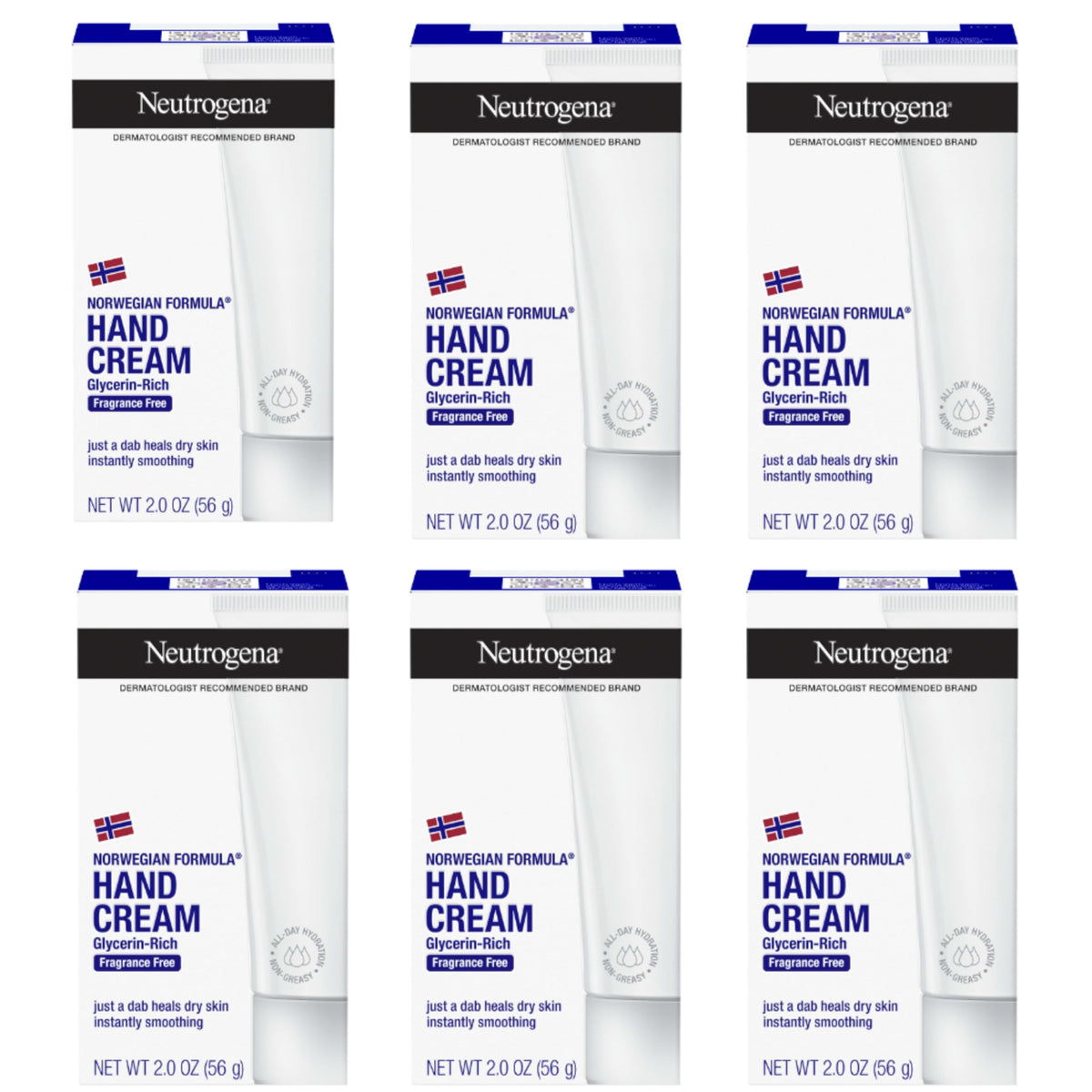 Neutrogena front packaging showing six travel-size tubes and hydration benefit