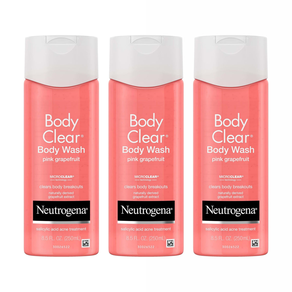Neutrogena front packaging showing bottle and brand for clear body acne
