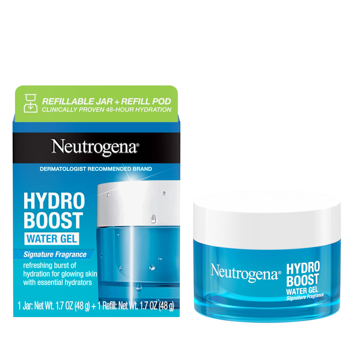 Neutrogena front packaging of starter kit showing refillable jar and pod benefits hydration