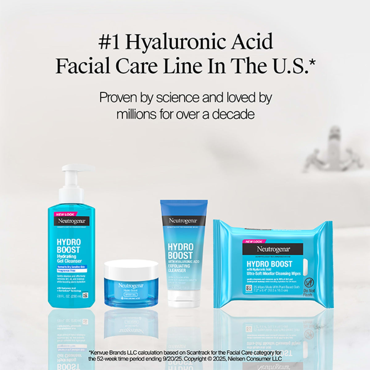Neutrogena bottle staged in bathroom routine for daily layering benefits