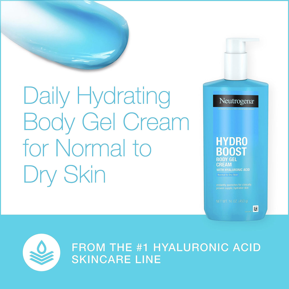 Neutrogena Hydro Boost with hyaluronic acid graphic highlighting moisture-binding benefit