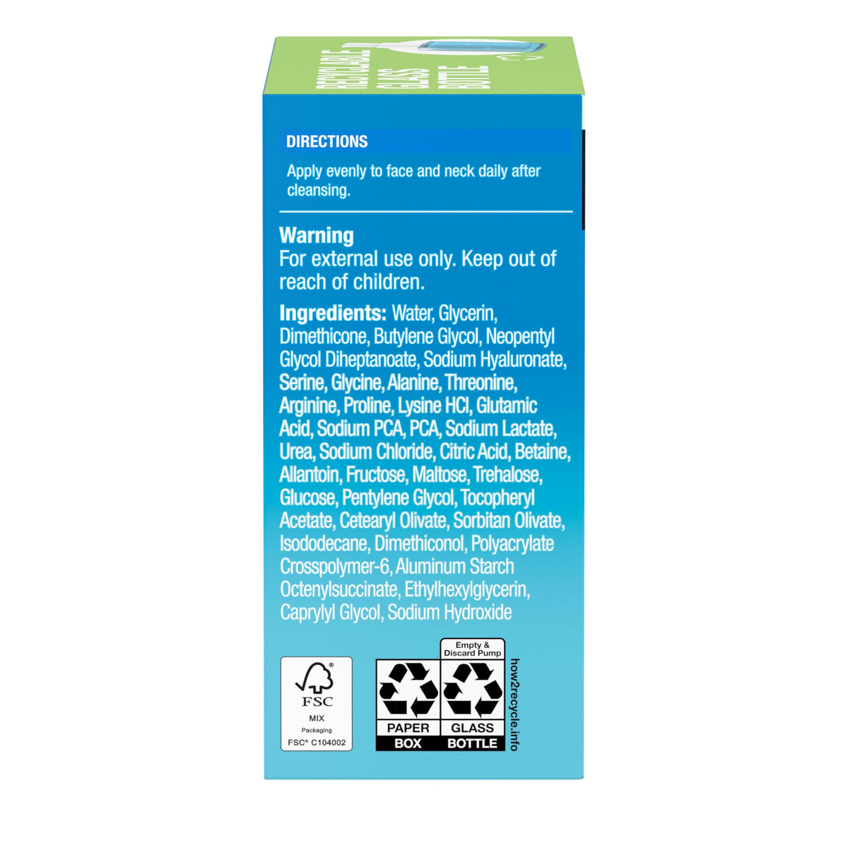 Neutrogena ingredient label close-up showing hyaluronic acid and moisturizing factors