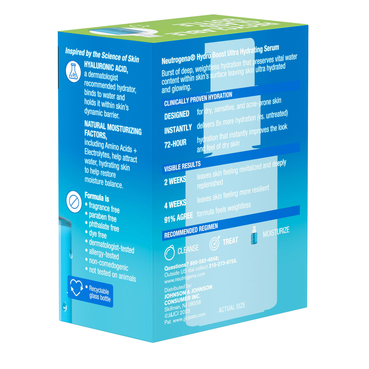 Neutrogena recyclable packaging detail emphasizing eco-friendly glass bottle benefit