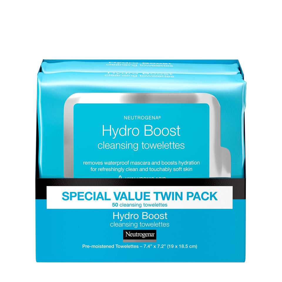 Neutrogena Hydro Boost front packaging showing twin 25-count tubs and branding for convenient supply