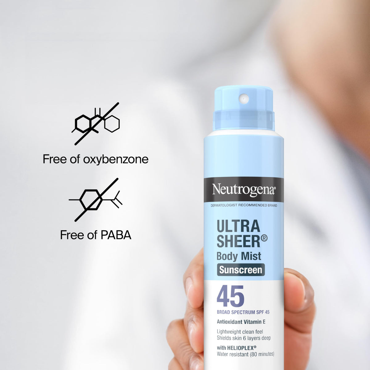Neutrogena product label listing active filters and ingredient transparency benefit