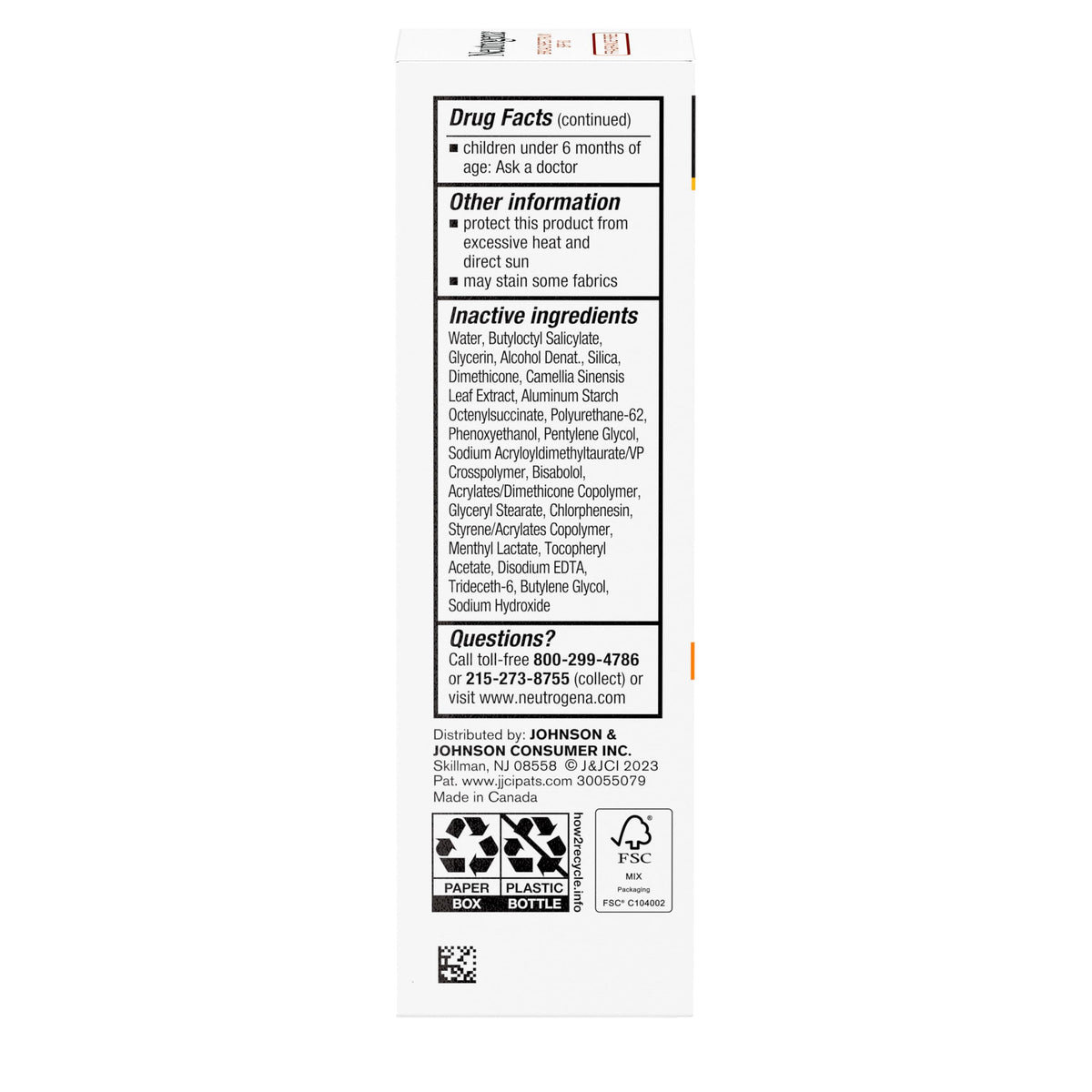 Neutrogena close-up of label listing SPF, Helioplex, and fragrance-free benefits