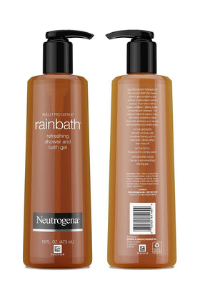 Neutrogena Rainbath gel being poured and lathered to demonstrate rich foam and quick rinsing