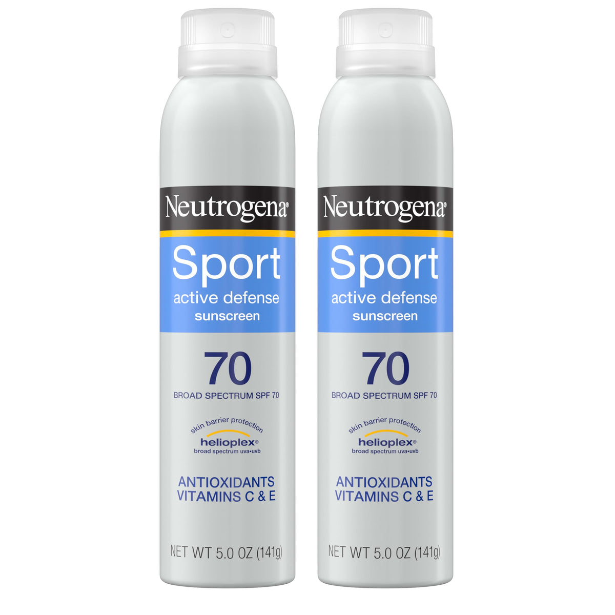 Neutrogena front packaging showing SPF 70 twin pack and active use benefit