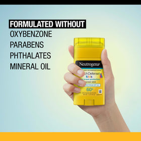 Neutrogena stick used by child at the beach illustrating water-resistant protection